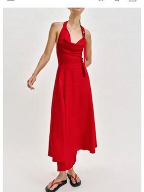 Zara Red Halter Midi Dress with Drape Neckline
